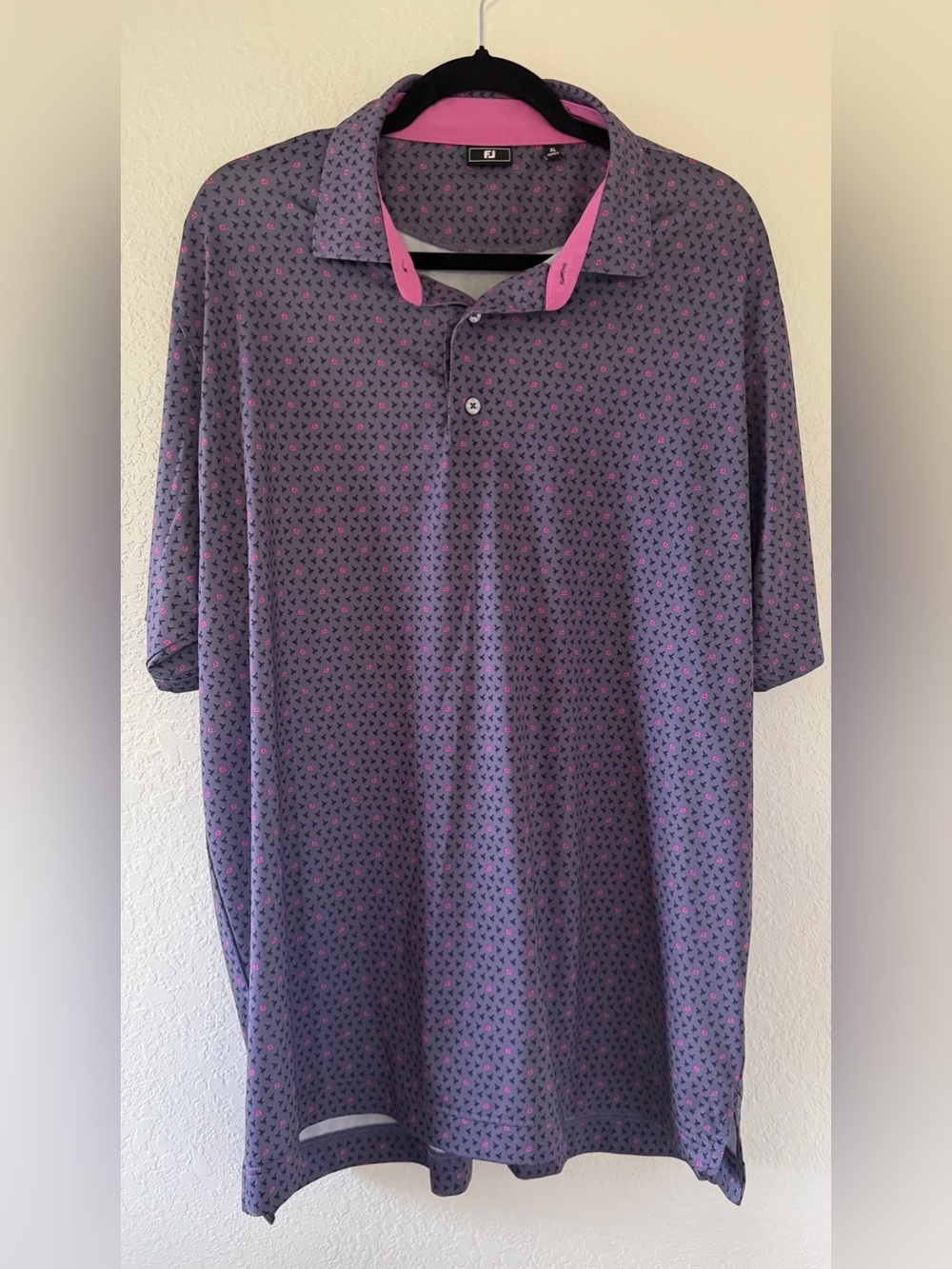 Footjoy Men's Purple Patterned Polo Shirt with Pink Accents Size-XL